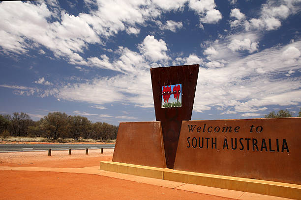 Welcome to South Australia The welcome to South Australia sign is seen on the border between the Northern Territory and South Australia on the Stuart Highway in the Australian outback south australia photos stock pictures, royalty-free photos & images