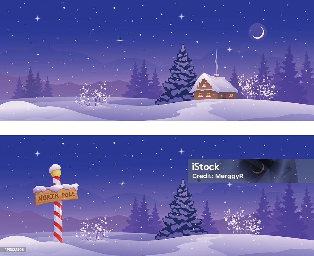 North winter banners Vector illustration of Christmas night banners with a North Pole sign and snow covered house. North Pole stock vector