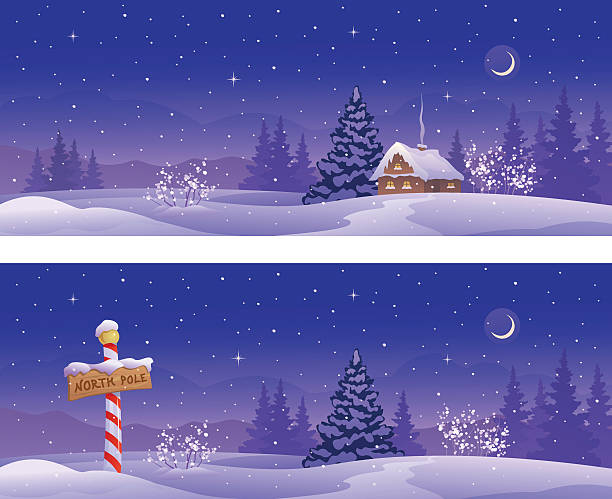 North winter banners Vector illustration of Christmas night banners with a North Pole sign and snow covered house. north pole stock illustrations