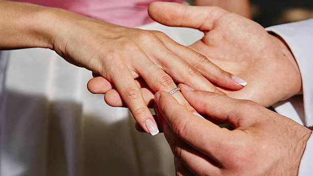 istock groom puts ring on the finger of bride 495023048