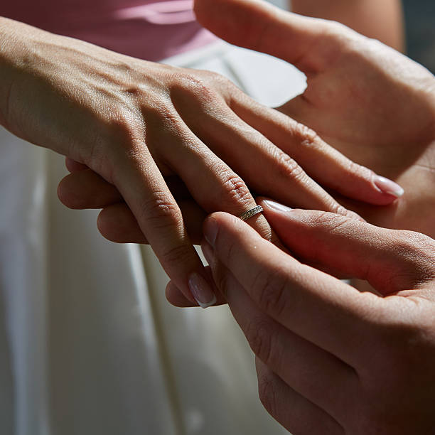 istock groom puts ring on the finger of bride 495023058