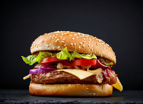 fresh tasty burger on dark background