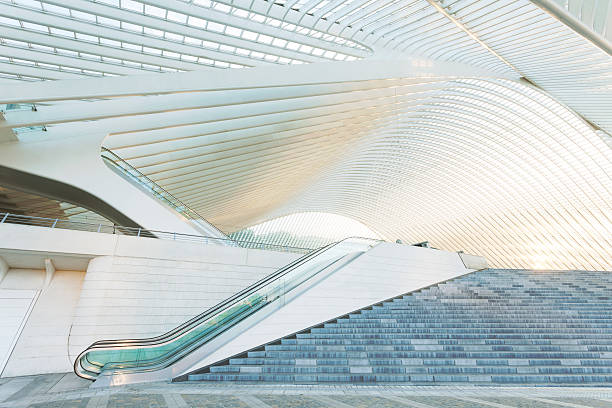 Escalator Outside Modern Architecture escalator outside futuristic railroad station in Liege, Guillemins, Belgium outdoor staircase stock pictures, royalty-free photos & images