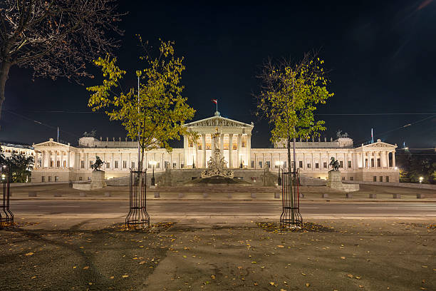 Austrian Parliament Building night autumn The Austrian Parliament Building (German: Parlament or Hohes Haus, formerly the Reichsratsgebauede) at night in autumn ringstraße boulevard stock pictures, royalty-free photos & images