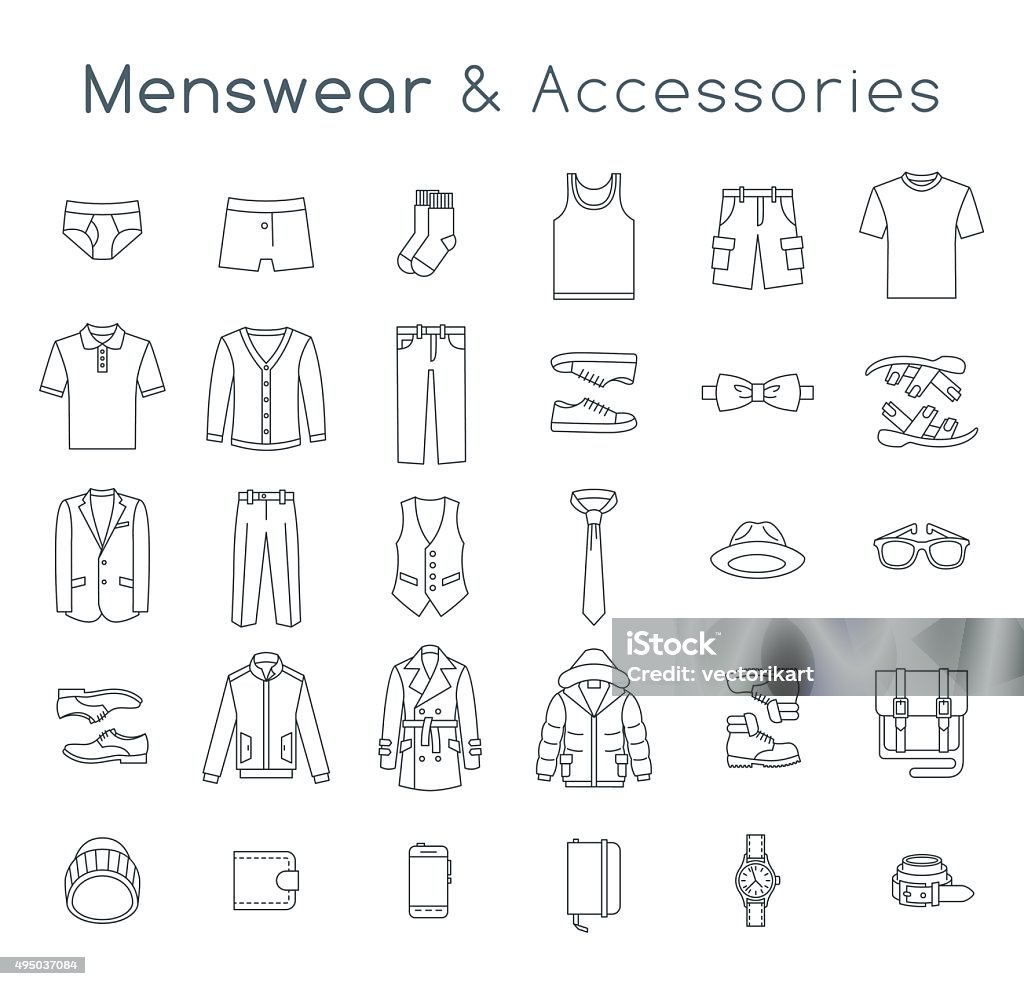 Männer-Mode Kleidung und Accessoires flache Linie Vektor-icons - Lizenzfrei Kleidung Vektorgrafik