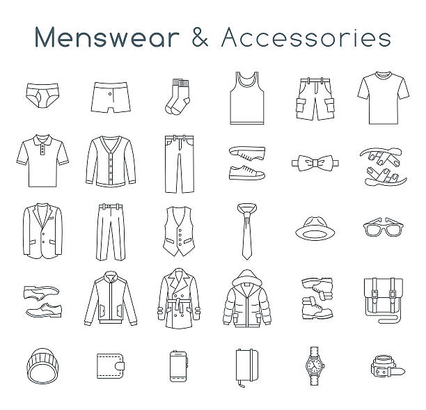 männer-mode kleidung und accessoires flache linie vektor-icons - underwear men shorts isolated stock-grafiken, -clipart, -cartoons und -symbole