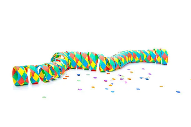 Party streamer and confetti. All on white background.