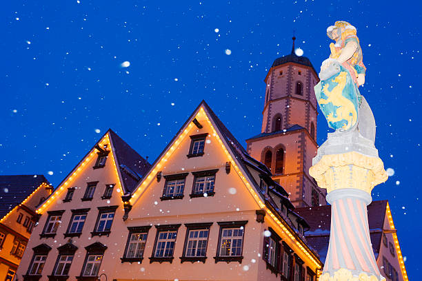 Winter Christmas Scene With Falling Snow in Old German Town