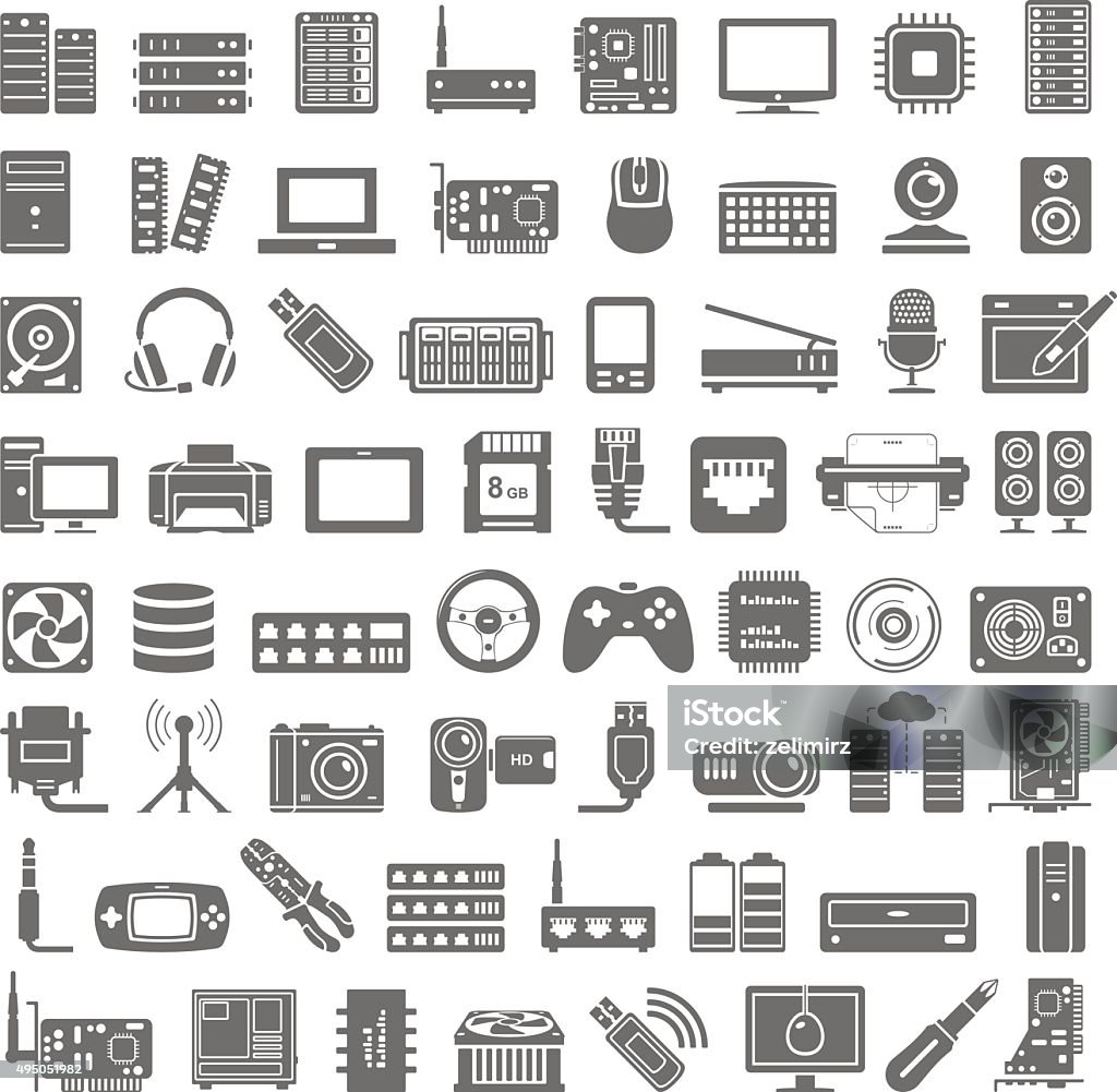 Black Icons - Computer and Network Hardware Network and computer devices Icon Symbol stock vector