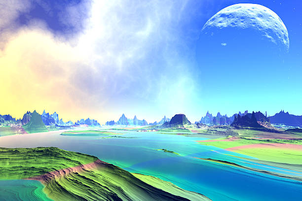 istock Fantasy alien planet. Rocks and lake 495053248