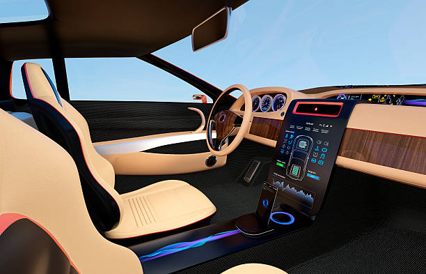 istock Stylish electric car interior with luxury wood pattern decoration. 495053494