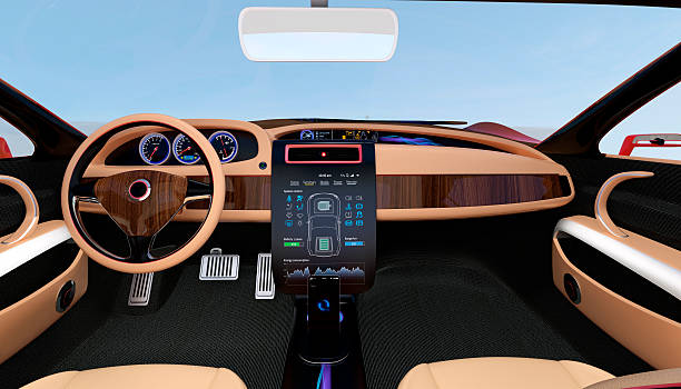 istock Stylish electric car interior with luxury wood pattern decoration. 495053560