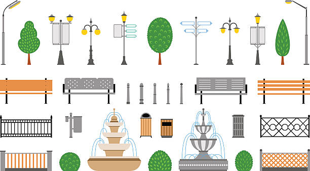 vector city, street, park and outdoor elements icons set - 街燈 插圖 幅插畫檔、美工圖案、卡通及圖標