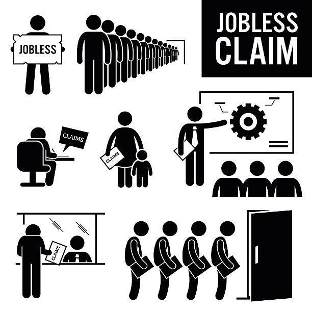 Jobless Claims Unemployment Benefits Stick Figure Pictogram Icons Illustrations showing jobless claim by the people. These jobless people are queuing for jobless claim, writing a jobless claim, receiving training, submitting claims, and waiting for interview. interview event symbols stock illustrations