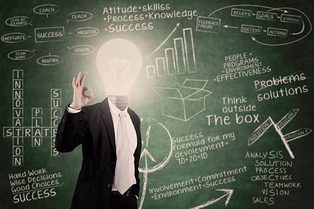 istock Businessman with lightbulb head in classroom 495054969