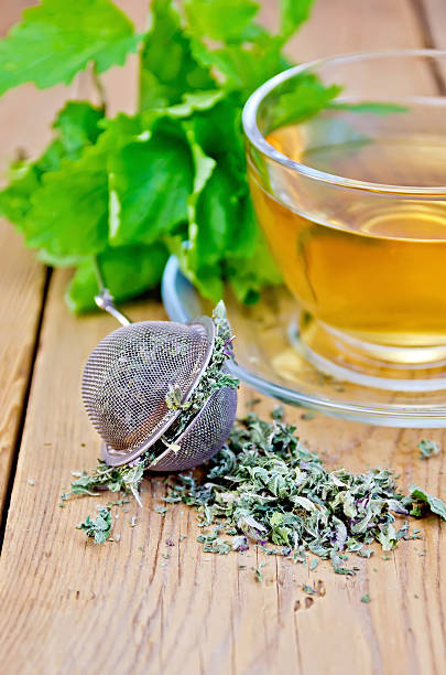 istock Herbal tea from melissa in cup with strainer on board 495055407