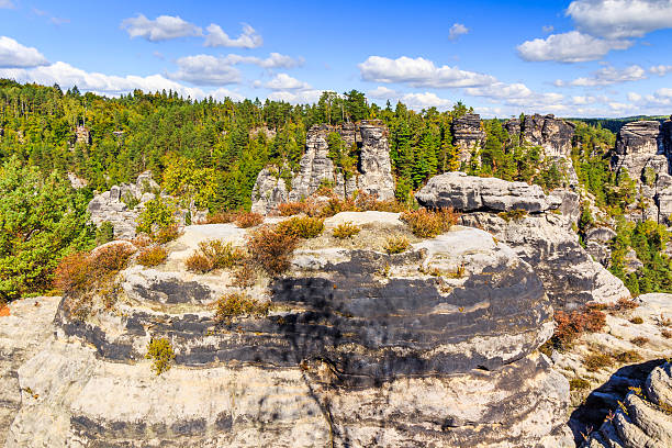 istock Panorama with typical rock pinnacles at Bastei in Rathen 495056406