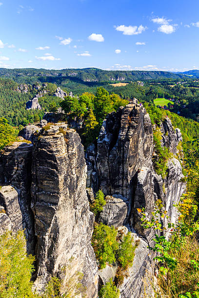 istock Panorama with typical rock pinnacles at Bastei in Rathen 495056492
