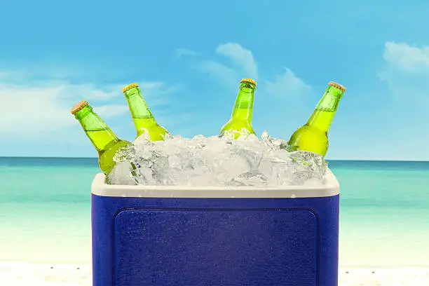 Closeup of an ice chest full of ice and assorted beer bottles.