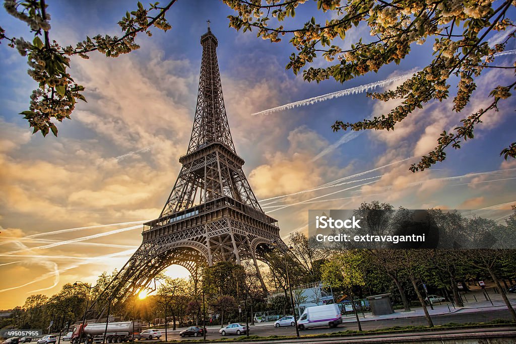 Eiffel Tower during spring time in Paris, france Spring morning with Eiffel Tower in Paris, France Architecture Stock Photo