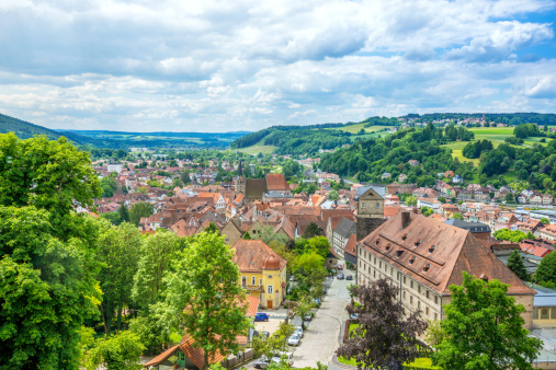 Elevated view over the historic town center and the surrounding rural landscape of Kronach, Upper Franconia, Bavaria.