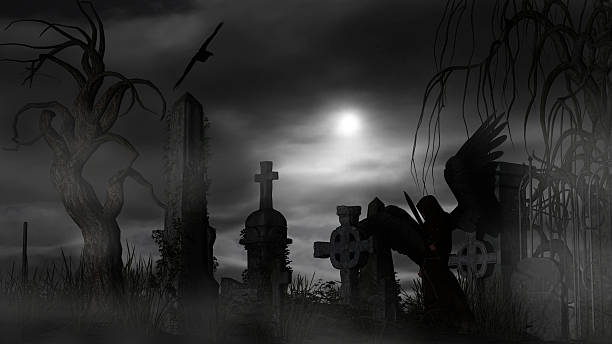 istock Dark Angel at a graveyard on a foggy night 495067854