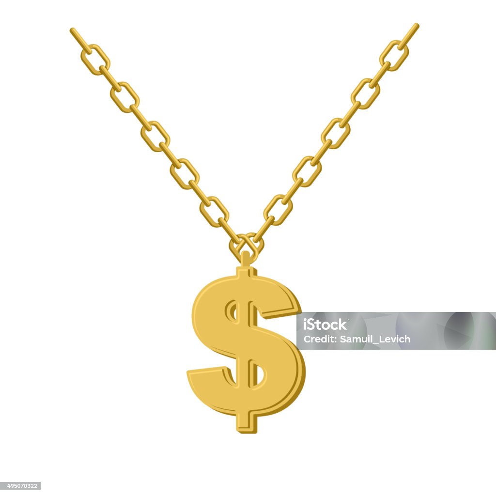 Gold dollar on chain. Decoration for rap artists. Gold dollar on chain. Decoration for rap artists. Accessory of precious yellow metal to hip hop musicians. Necklace stock vector