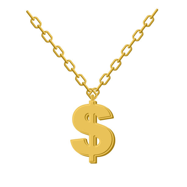 Gold dollar on chain. Decoration for rap artists. Gold dollar on chain. Decoration for rap artists. Accessory of precious yellow metal to hip hop musicians. pimp stock illustrations