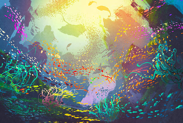 illustrations, cliparts, dessins animés et icônes de avec récif de corail sous-marin avec des poissons de toutes les couleurs - oil painting illustrations