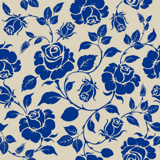 Rose. Seamless background. Vintage seamless rose floral pattern. Blue luxury flowers on beige background. blue roses stock illustrations