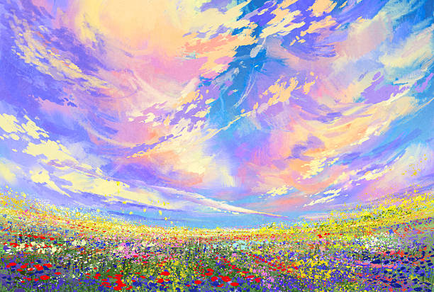 ilustraciones, imágenes clip art, dibujos animados e iconos de stock de coloridas flores en el campo en la hermosa nubes - vibrant color purple art painted image