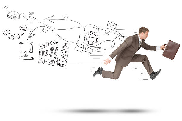istock Man in suit running fast with suitcase on white 495079410