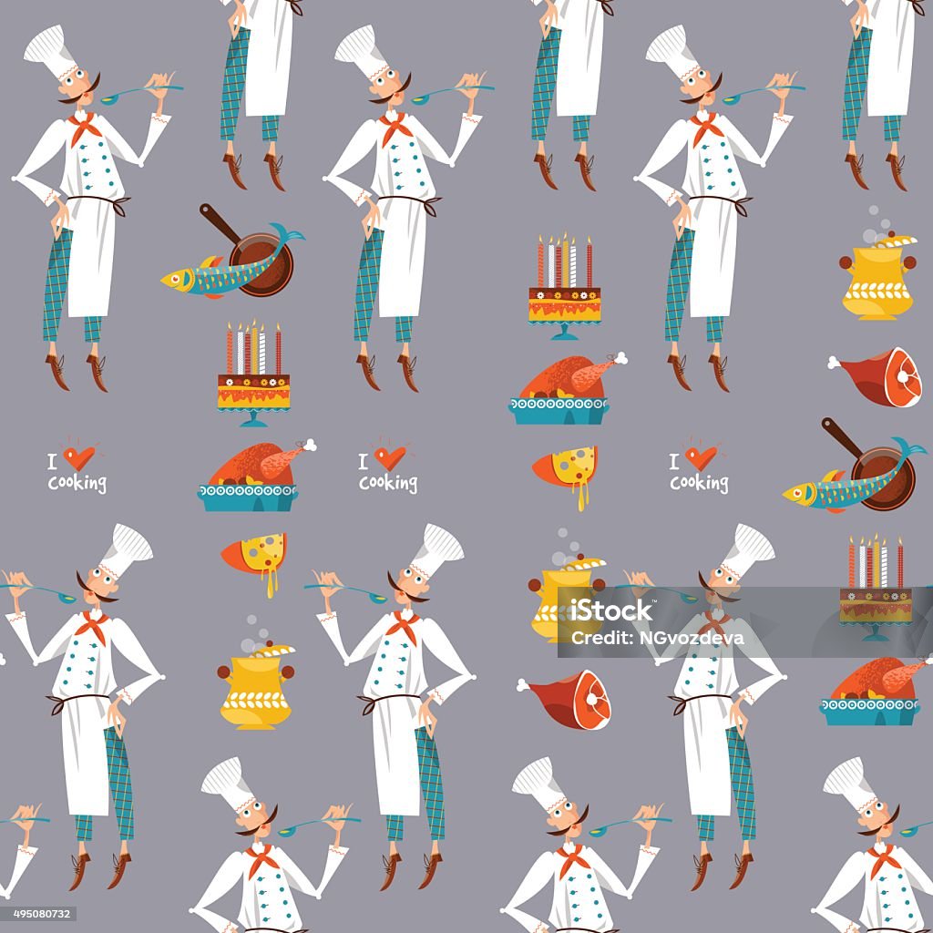 Cooking Graphics Shadow Chef Cooking With Various Ingredients Seamless Background Pattern Stock ...