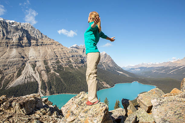 istock Cheering mountaineer on mountain top arms outstretched 495082618