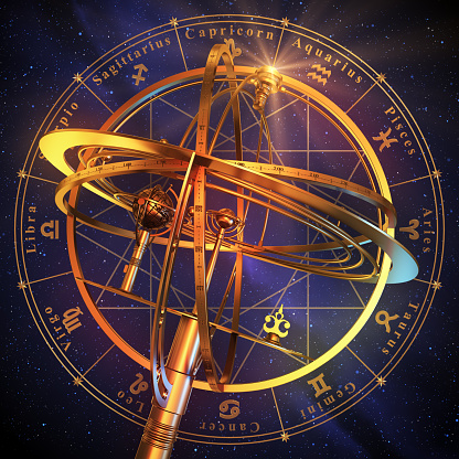 Armillary Sphere With Zodiac Symbols Over Blue Background. 3D Scene.
