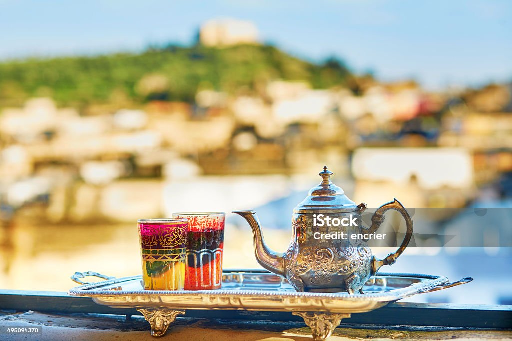 Moroccan mint tea with sweets Traditional Moroccan mint tea with sweets Morocco Stock Photo