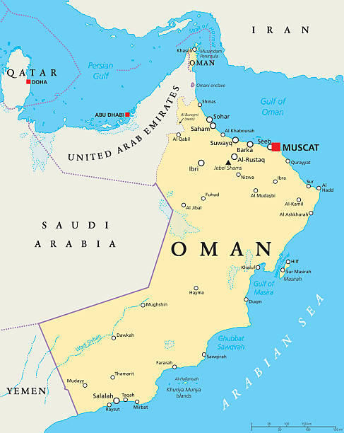 Oman Political Map Oman political map with capital Muscat, national borders and important cities. English labeling and scaling. Illustration. oman stock illustrations