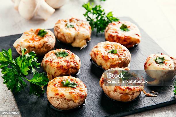 Baked Mushrooms Stuffed With Cheese Stock Photo - Download Image Now - 2015, Appetizer, Baked