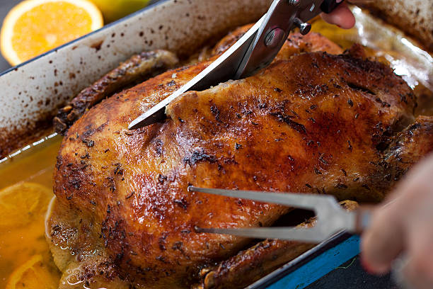 istock Carving delicious roasted duck with oranges in a pan 495097950