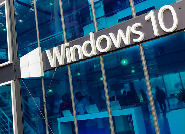 Microsoft Windows 10 promo pavilion Paris, France - October 9, 2015: Facade of pavilion promoting Windows 10 - the latest operating system from Microsoft. The pavilion was situated on Place Georges Pompidou. microsoft stock pictures, royalty-free photos & images