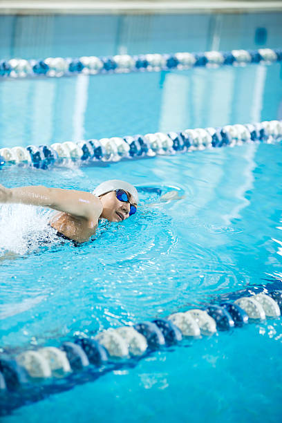 istock Young girl in goggles swimming front crawl stroke style 495110756