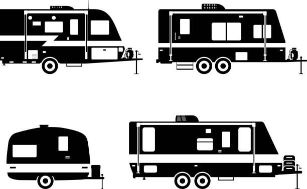 illustrations, cliparts, dessins animés et icônes de ensemble de différentes silhouettes caravane caravanes sur fond blanc. - motor home camping mobile home vehicle trailer