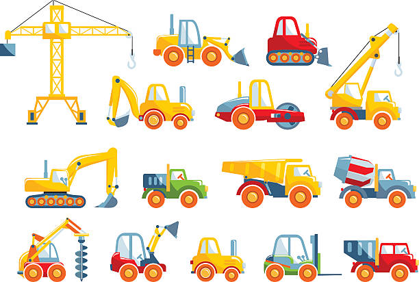 illustrations, cliparts, dessins animés et icônes de ensemble de jouets de construction machines dans un style plat. - loading wheel mining equipment