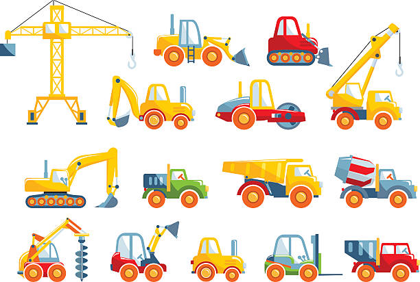세트마다 장난감 중공업 건설 기계 평평한 스타일. - construction equipment industrial equipment loading construction stock illustrations