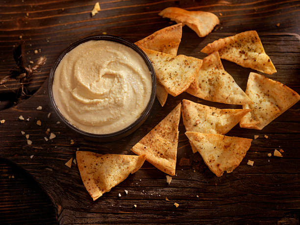 Hummus with Baked Pita Chips Hummus with Pita Chips -Photographed on Hasselblad H3D2-39mb Camera pita bread stock pictures, royalty-free photos & images