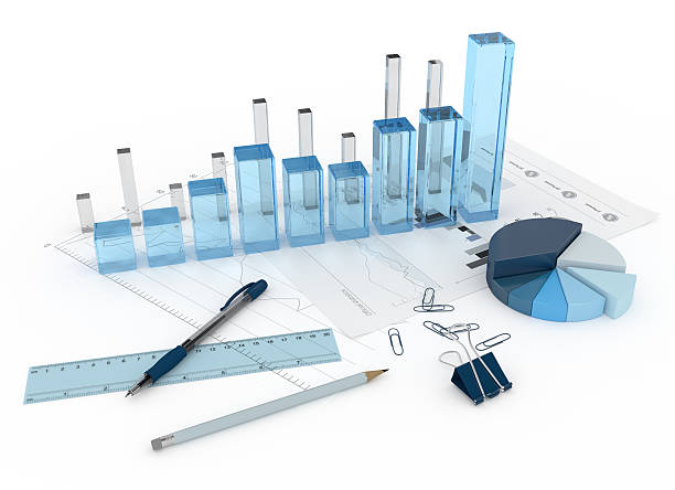 3 d vidro diagrama com gráficos e os objectos - measurement instrument imagens e fotografias de stock