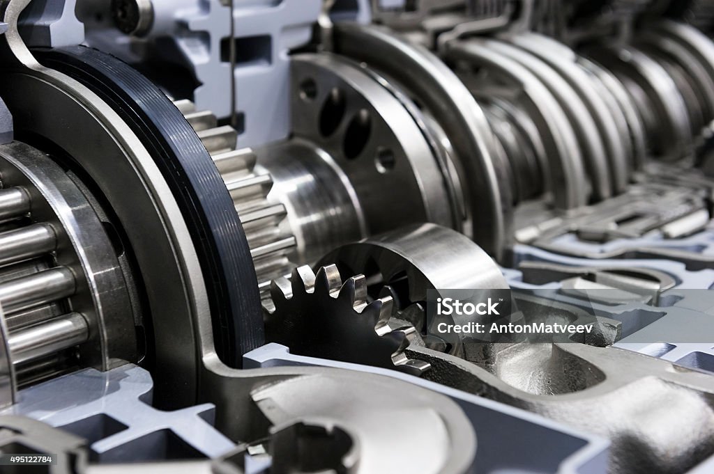 Gearbox of commercial truck Gearbox cross-section, automotive transmission with sprocket and bearing mechanism for commercial trucks, SUV, cargo, and construction vehicles, selective focus  Industry Stock Photo