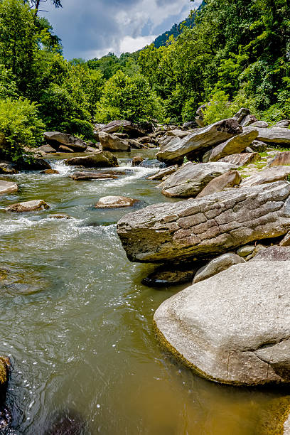 river stream flowing over rock formations in the mountains