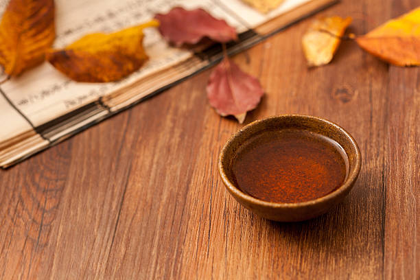 Covered with fallen leaves in autumn, Chinese tea and Book