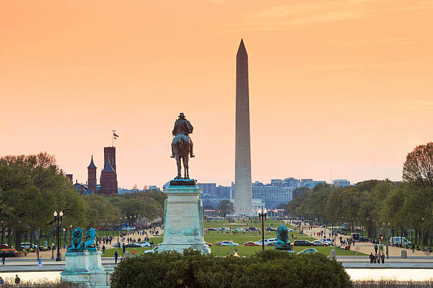 istock Washington DC city view at sunset, including Washington Monument 495144635